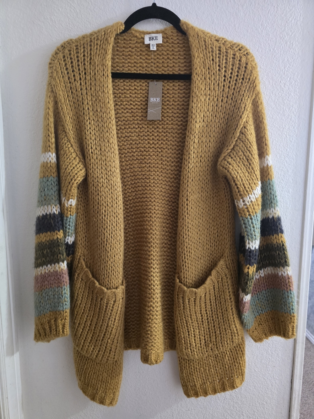 BKE Mustard Open-Front Cardigan with Multi-Color Striped Sleeves